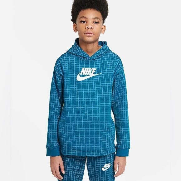 Nike Hoodie Teal Blue Green Grid Windowpane Pattern Kangaroo Pocket, Youth XL - Picture 10 of 10
